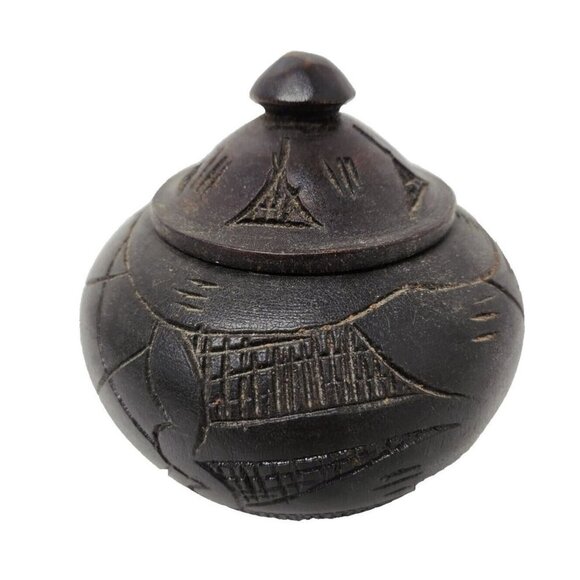 Vintage African Folk Art Hand Carved Wood Jar Lidded Pot Bowl Black Painted BOHO